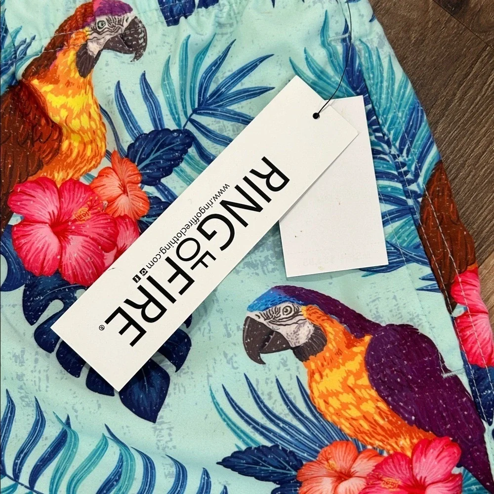 Ring of Fire Mens Shorts Swim Trunks Size L Blue Tropical Parrot Print Novelty